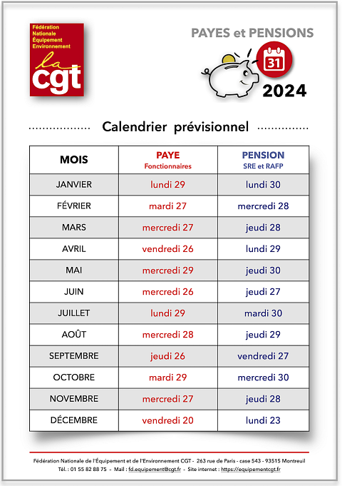 Calendrier Prévisionnel 2024 Des Payes Et Des Pensions